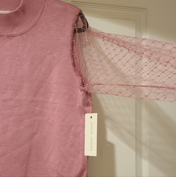 MADISON + HUDSON LACE SHEER SLEEVE RAYON MOCK NECK BLUSH RAYON TOP - Picture 7 of 15
